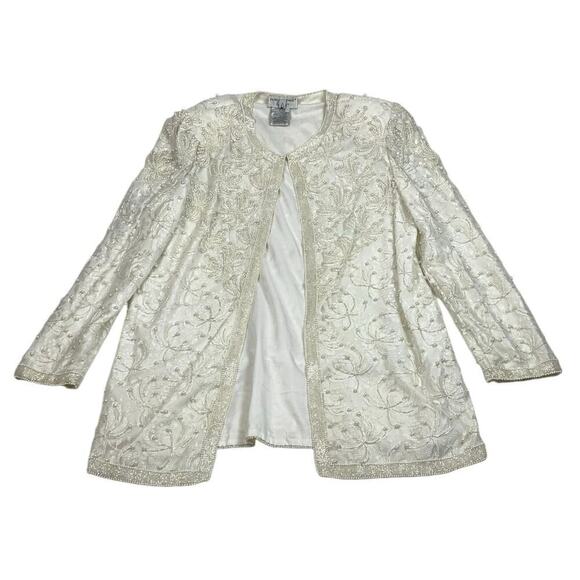 Papell Boutique Evening Off White Lace Beaded Sheath Dress w Long Jacket  Sz 12 - Picture 5 of 13